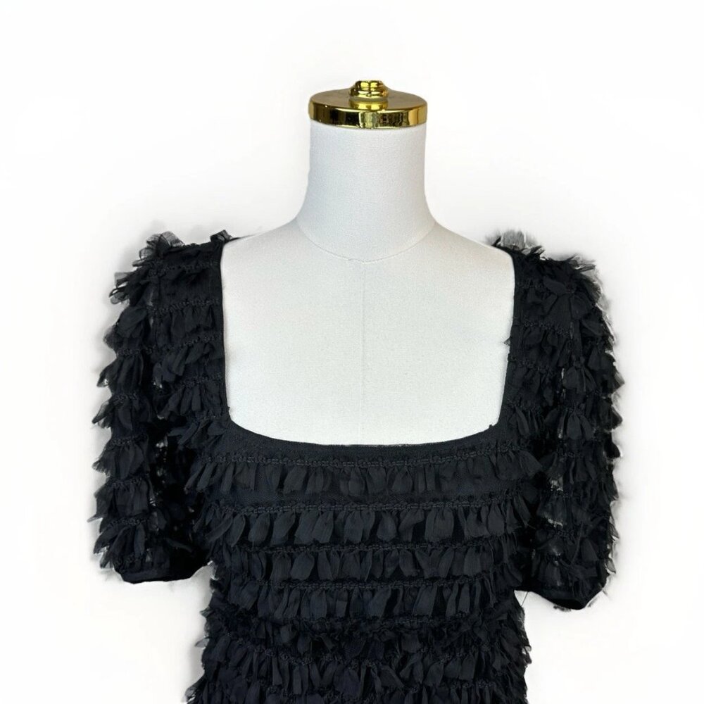 ✨ NWT Zara Black Tulle Fringe Mini Dress Small Puff Sleeve Ruffle 🖤 - Picture 7 of 16